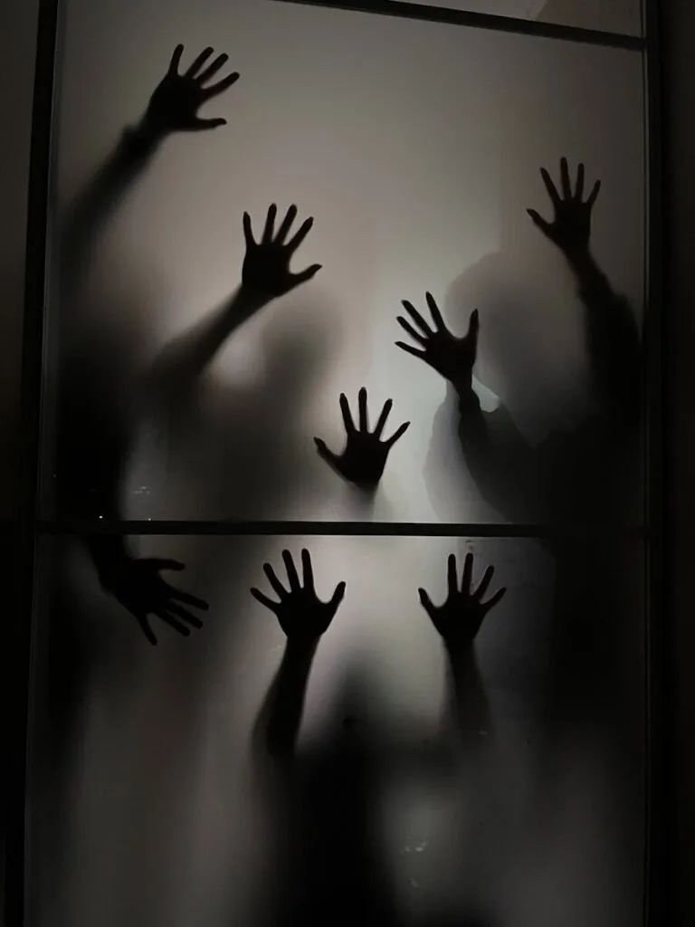 The shadow of a person's hands on a glass door